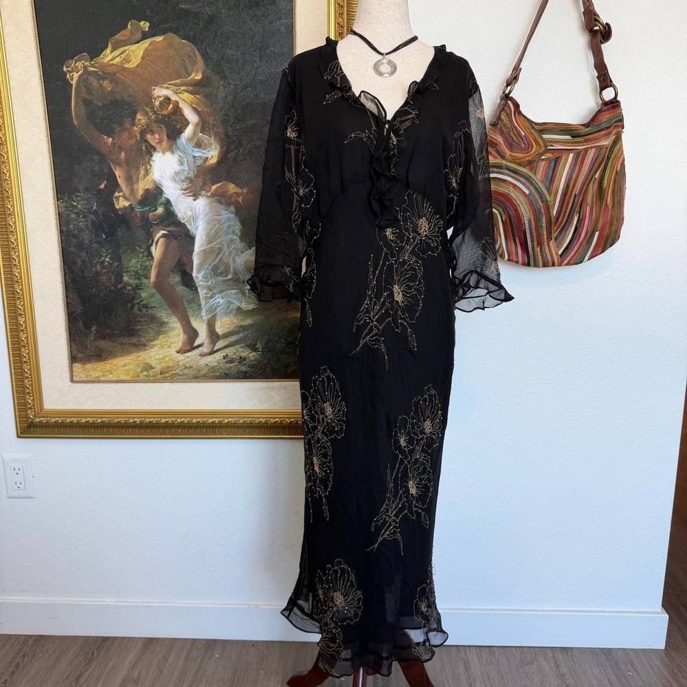 Vintage Silk Beaded Whimsi Black Floral Dress READ DESCRIPTION